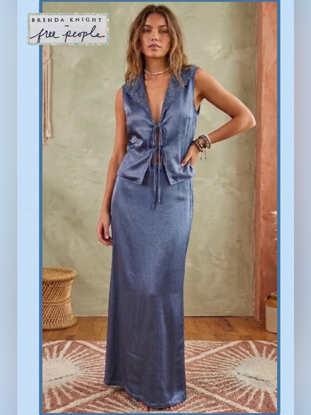 🆕 Free People x Brenda Knight Satin and Lace Maxi Skirt & Vest Set XS